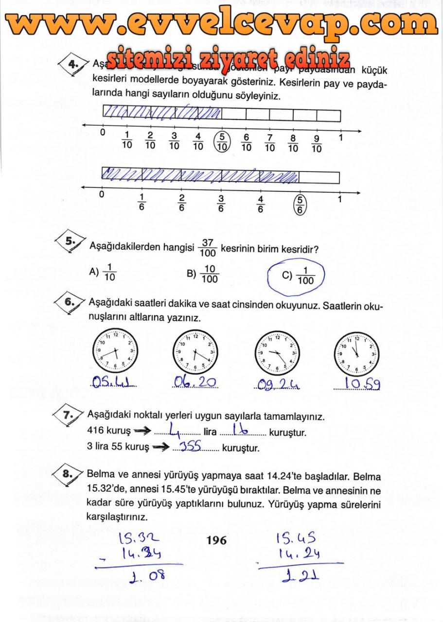 3. Sınıf Ada Yayıncılık Matematik Ders Kitabı Sayfa 196 Cevabı