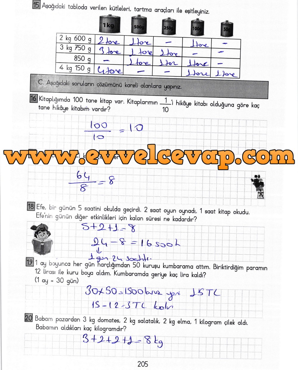 3. Sınıf Meb Yayınları Matematik Ders Kitabı Sayfa 205 Cevapları