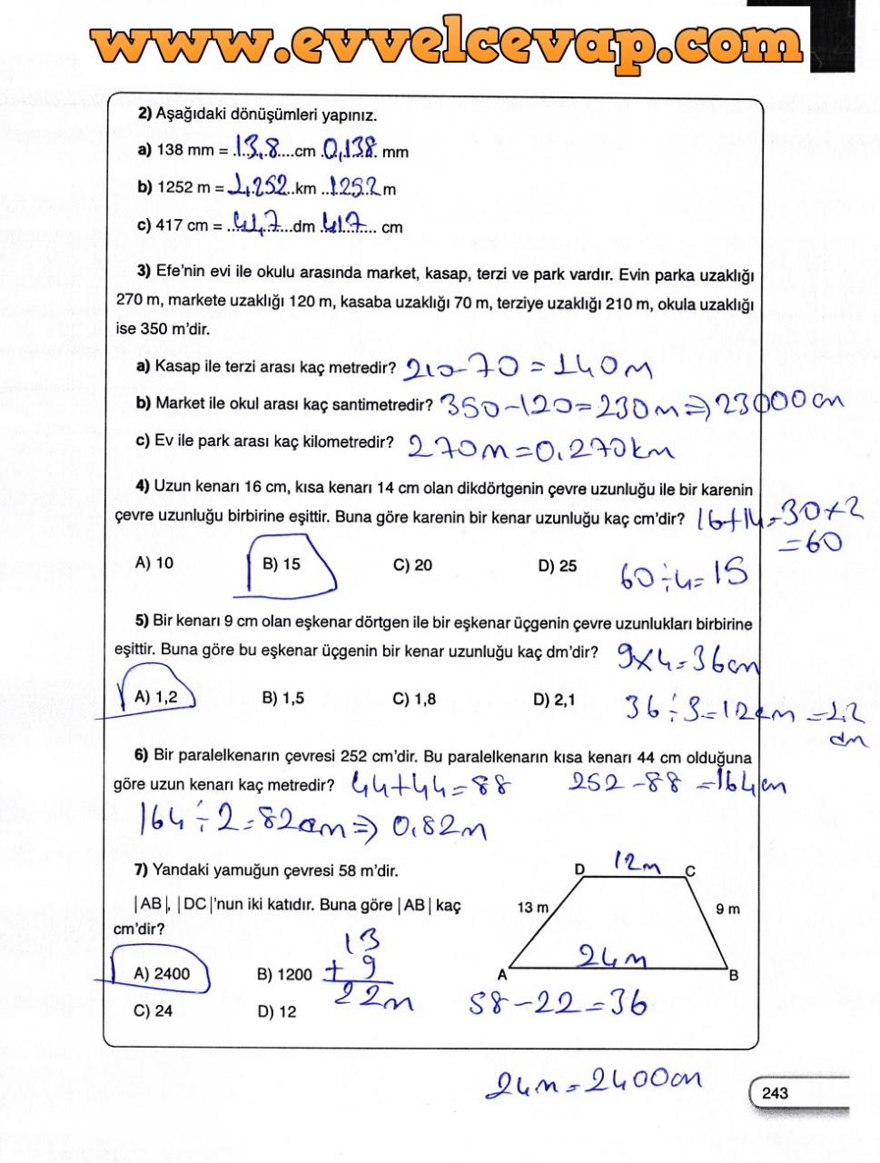 5. Sınıf Dikey Yayıncılık Matematik Ders Kitabı Sayfa 243 Cevabı