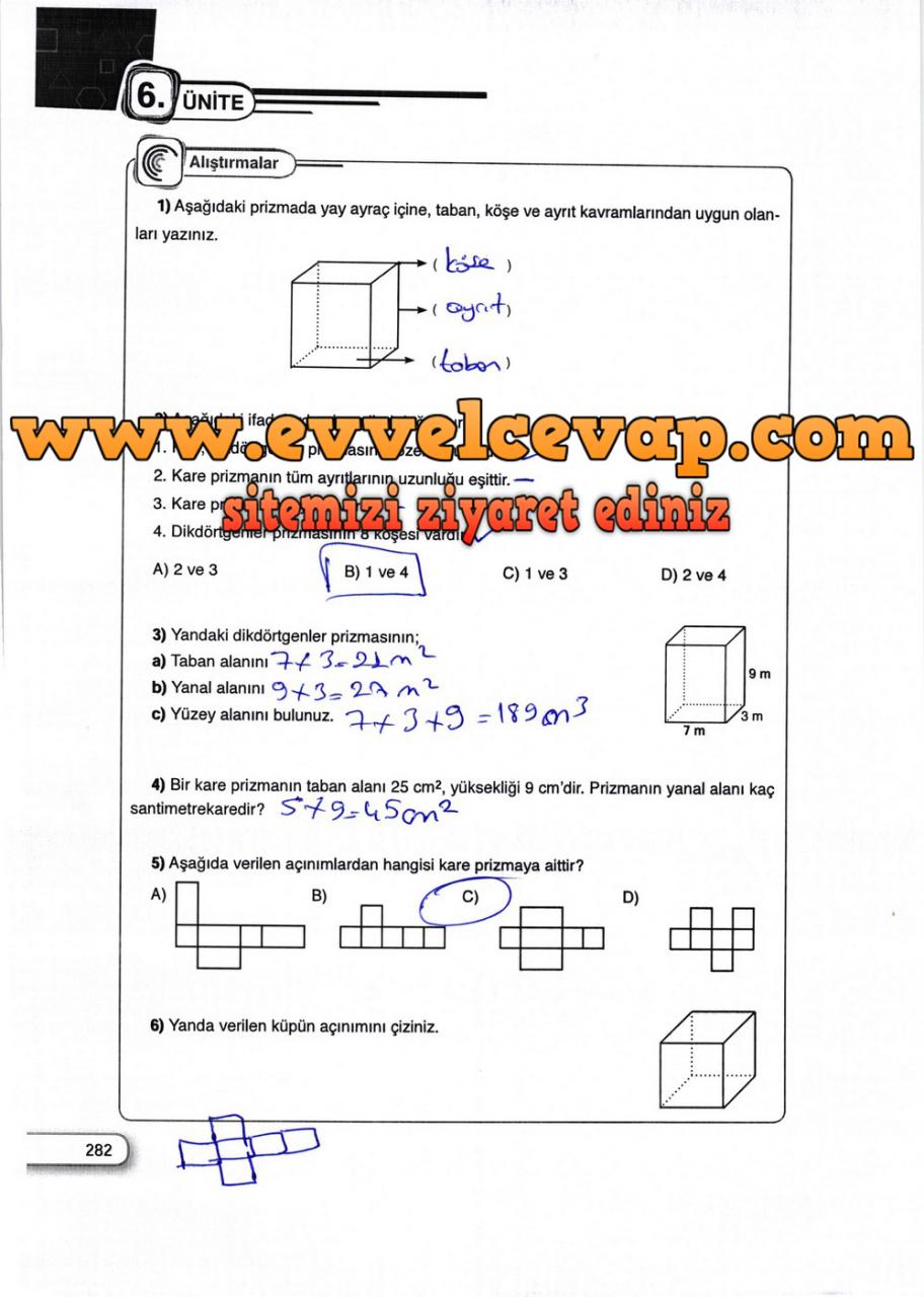 5. Sınıf Dikey Yayıncılık Matematik Ders Kitabı Sayfa 282 Cevabı