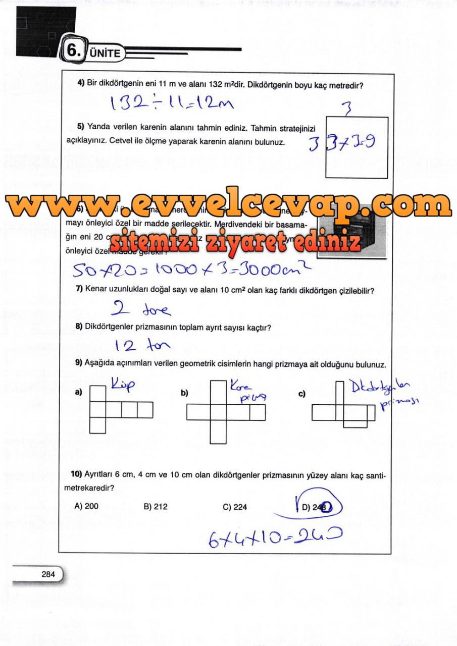 5. Sınıf Dikey Yayıncılık Matematik Ders Kitabı Sayfa 284 Cevabı