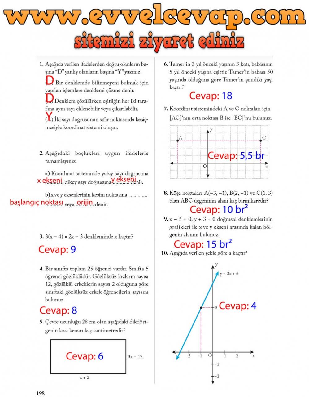 8. Sınıf Ekoyay Yayıncılık Matematik Ders Kitabı Sayfa 198 Cevabı