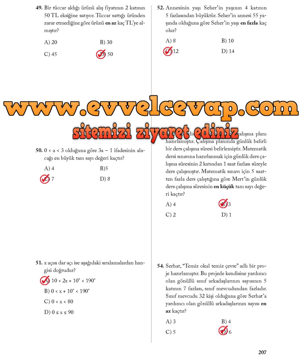8. Sınıf Ekoyay Yayıncılık Matematik Ders Kitabı Sayfa 207 Cevabı