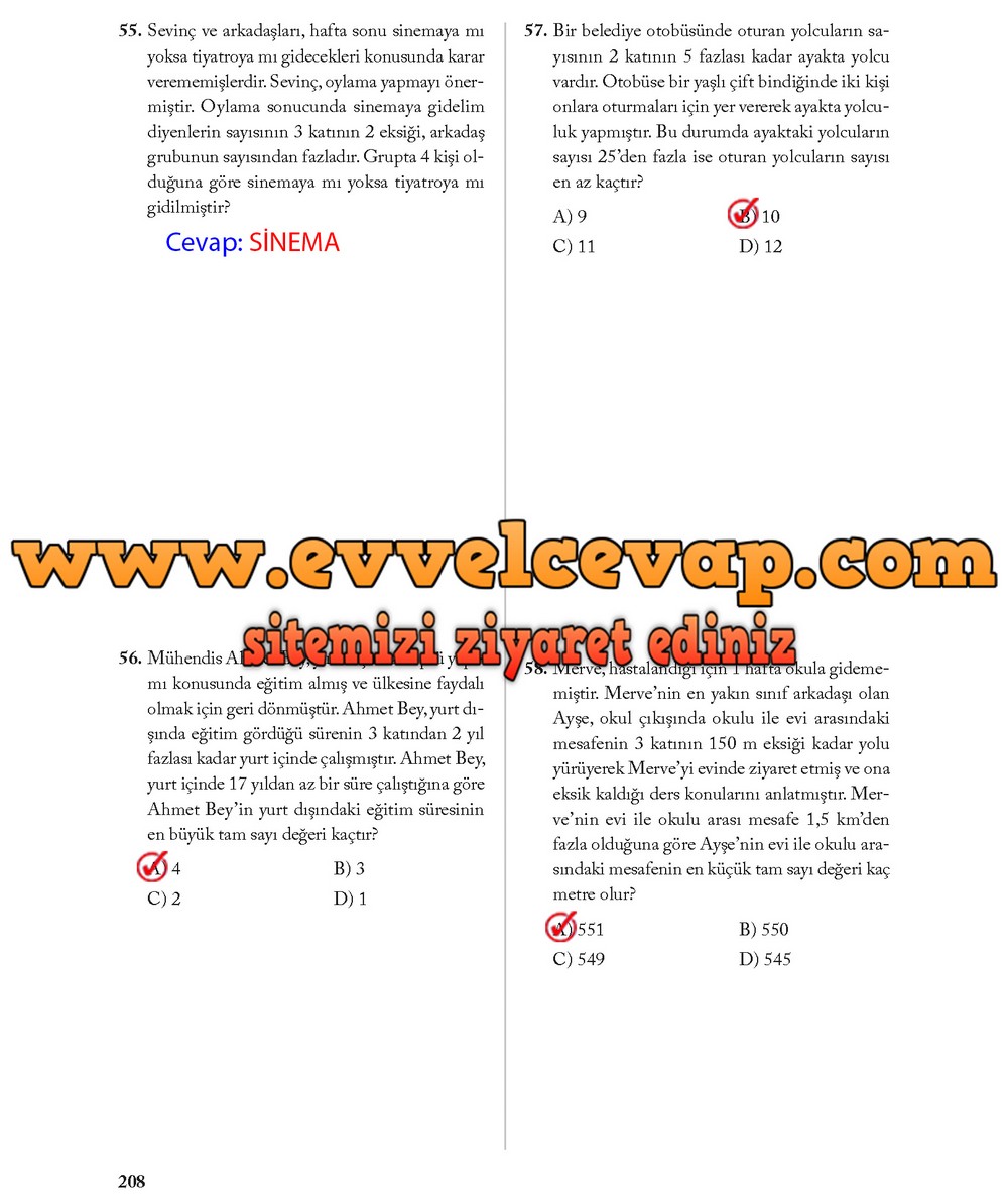 8. Sınıf Ekoyay Yayıncılık Matematik Ders Kitabı Sayfa 208 Cevabı