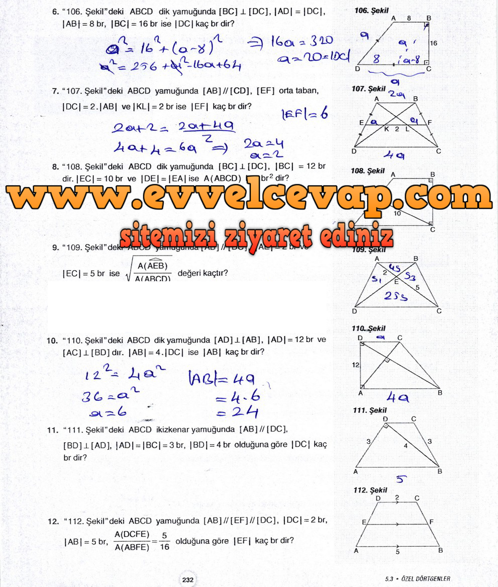 10. Sınıf Aydın Yayıncılık Matematik Ders Kitabı Sayfa 232 Cevapları