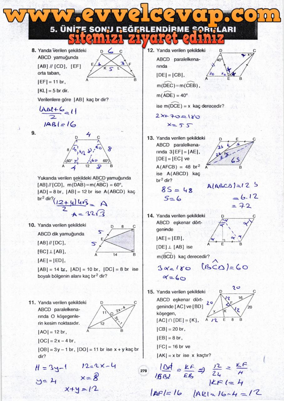 10. Sınıf Aydın Yayıncılık Matematik Ders Kitabı Sayfa 279 Cevabı