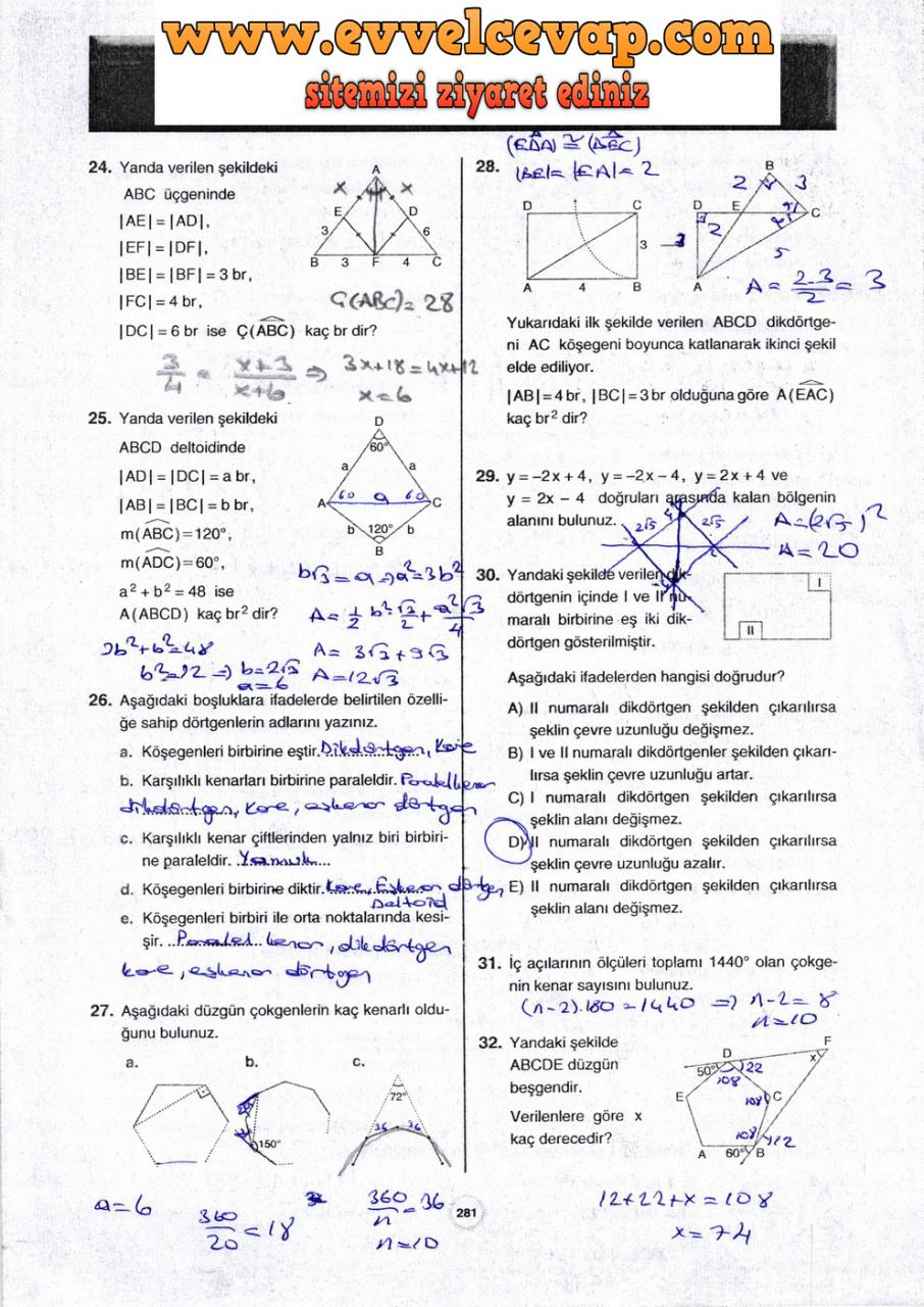 10. Sınıf Aydın Yayıncılık Matematik Ders Kitabı Sayfa 281 Cevabı