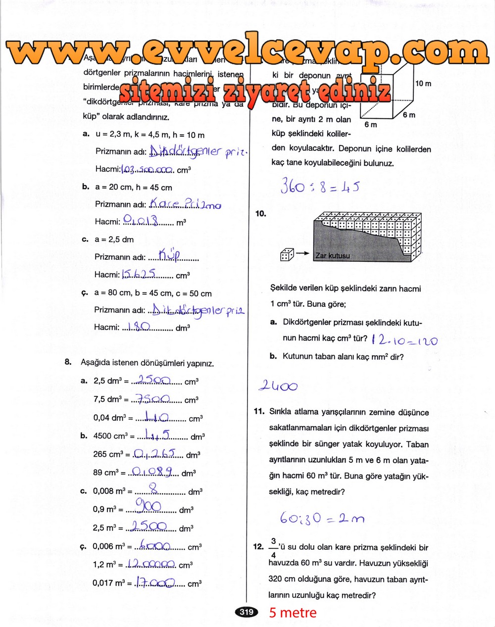 6. Sınıf Berkay Yayıncılık Matematik Ders Kitabı Sayfa 319 Cevabı