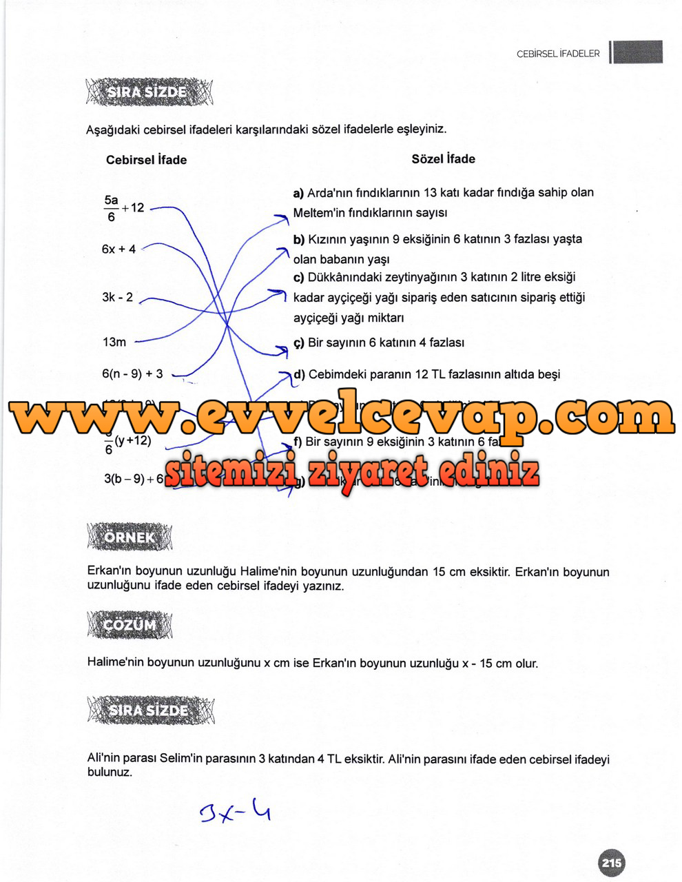 6. Sınıf Matematik Ders Kitabı Meb Yayınları Sayfa 215 Cevabı 2018-2019