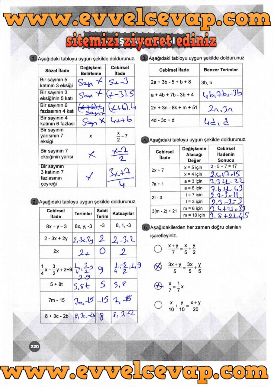 6. Sınıf Matematik Ders Kitabı Meb Yayınları Sayfa 220 Cevabı 2018-2019