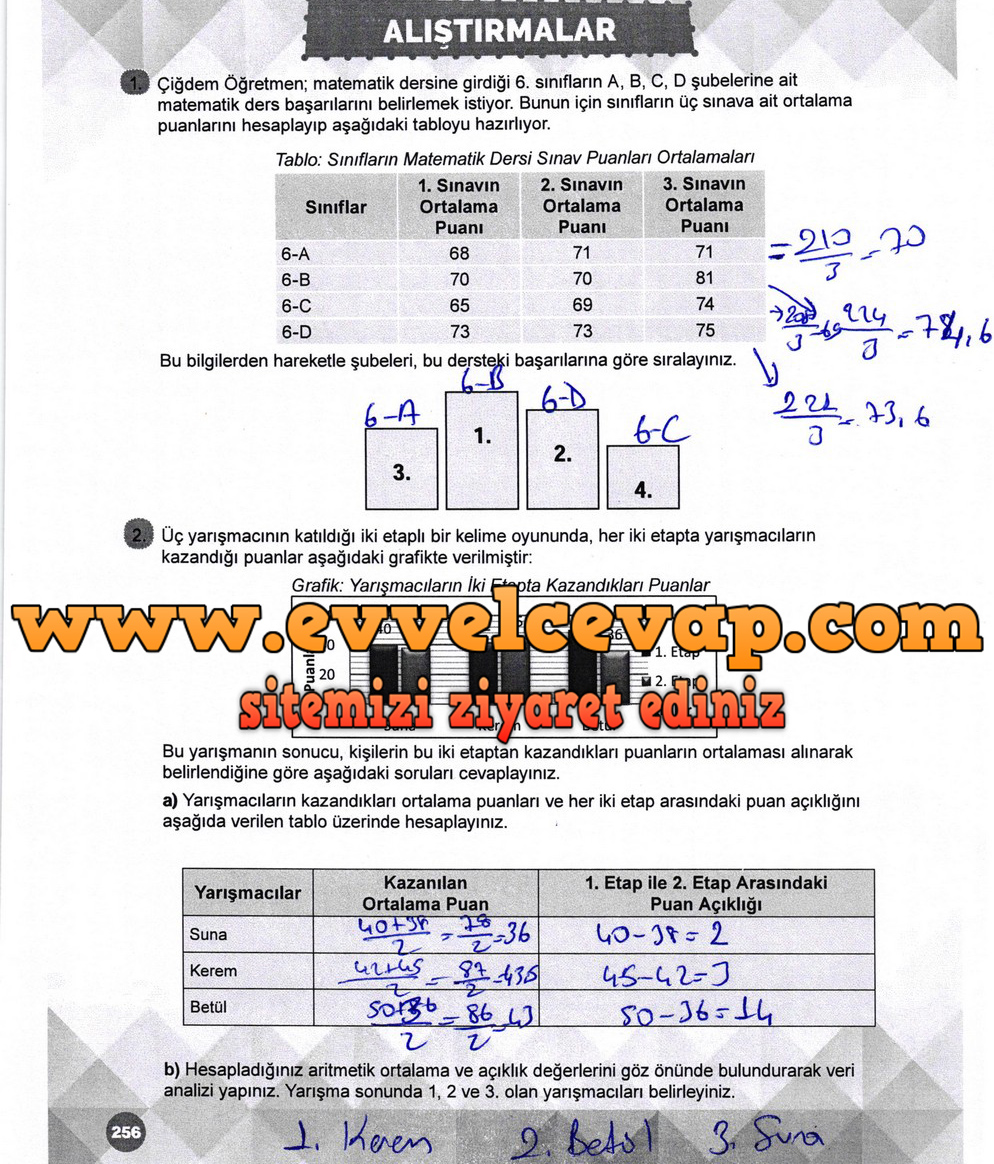 6. Sınıf Matematik Ders Kitabı Meb Yayınları Sayfa 256 Cevabı 2018-2019