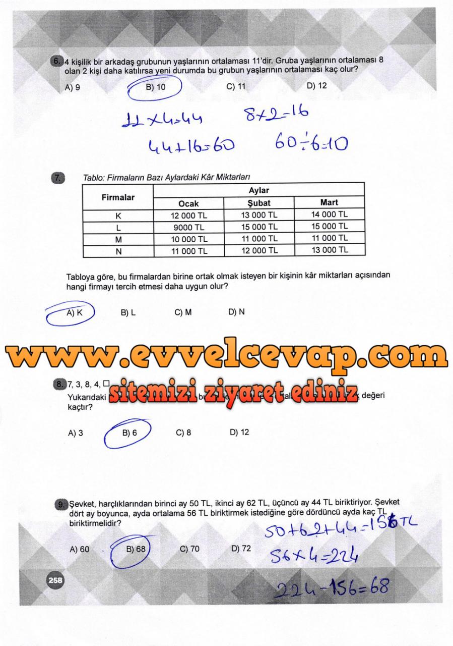 6. Sınıf Matematik Ders Kitabı Meb Yayınları Sayfa 258 Cevabı 2018-2019