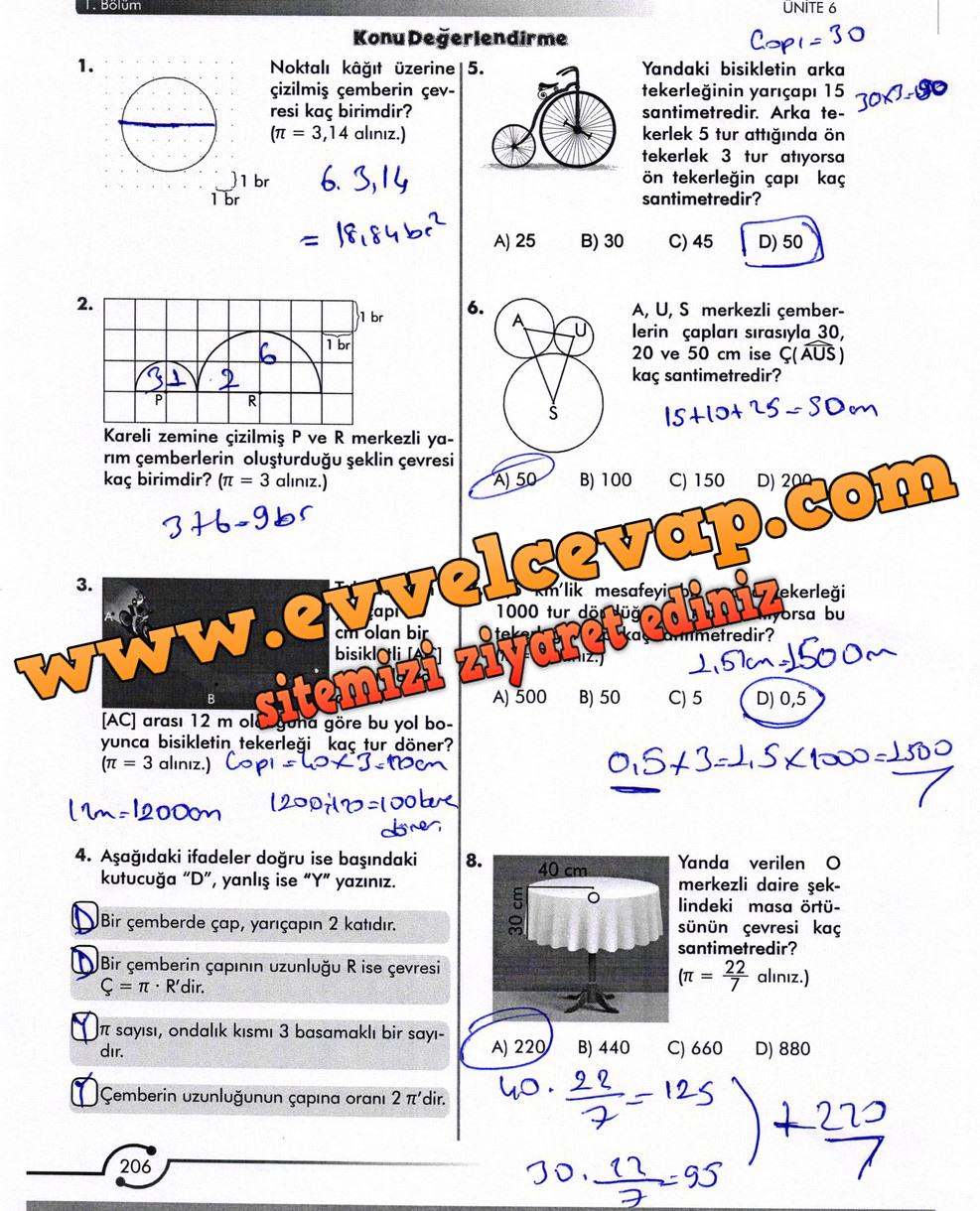6. Sınıf Meb Yayınları Matematik Ders Kitabı Sayfa 206 Cevabı