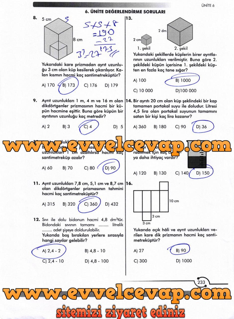 6. Sınıf Meb Yayınları Matematik Ders Kitabı Sayfa 233 Cevabı
