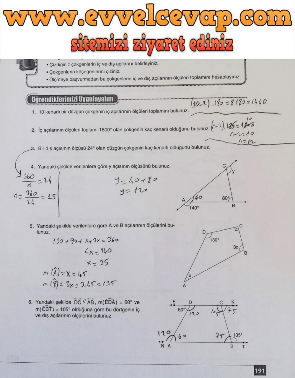 7. Sınıf Koza Yayınları Matematik Ders Kitabı Sayfa 191 Cevabı