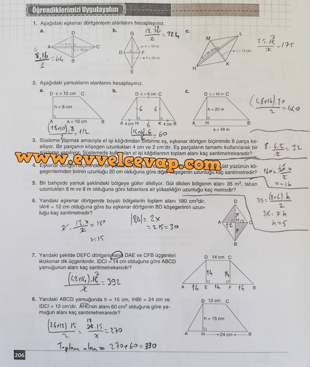 7. Sınıf Koza Yayınları Matematik Ders Kitabı Sayfa 206 Cevabı