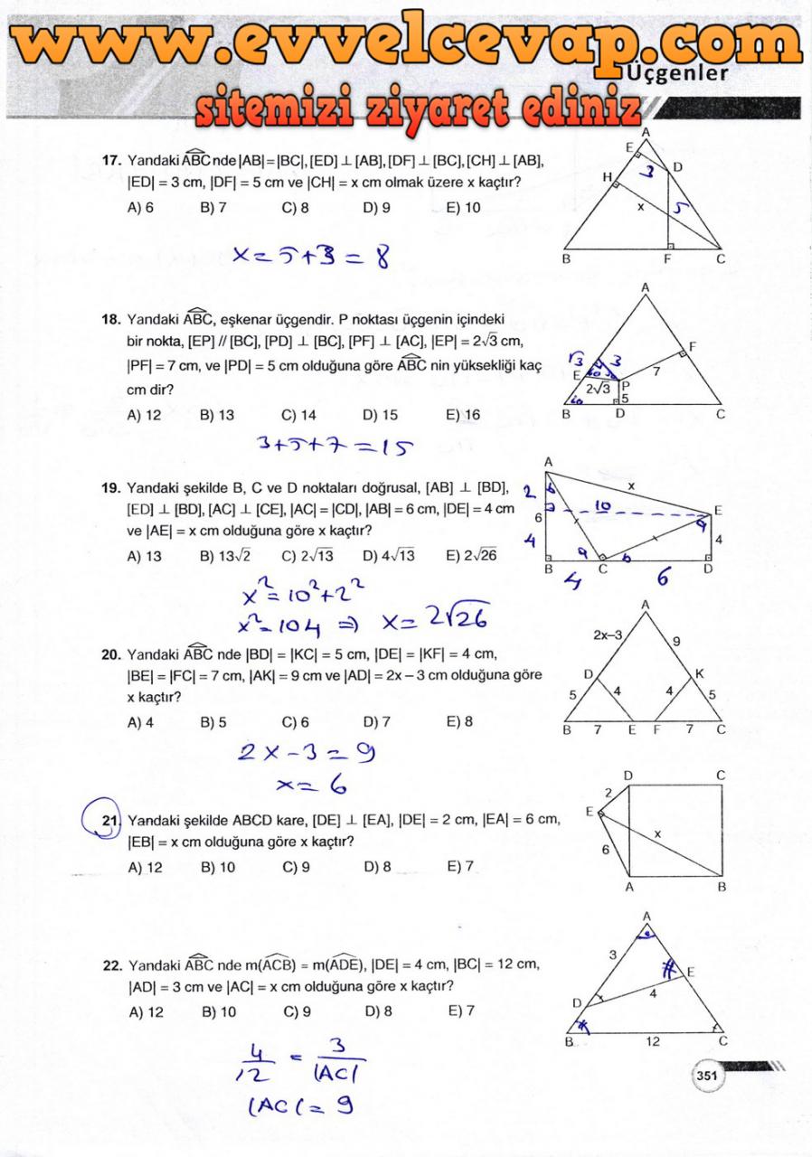 9. Sınıf Ödev Yayınları Matematik Ders Kitabı Sayfa 351 Cevabı