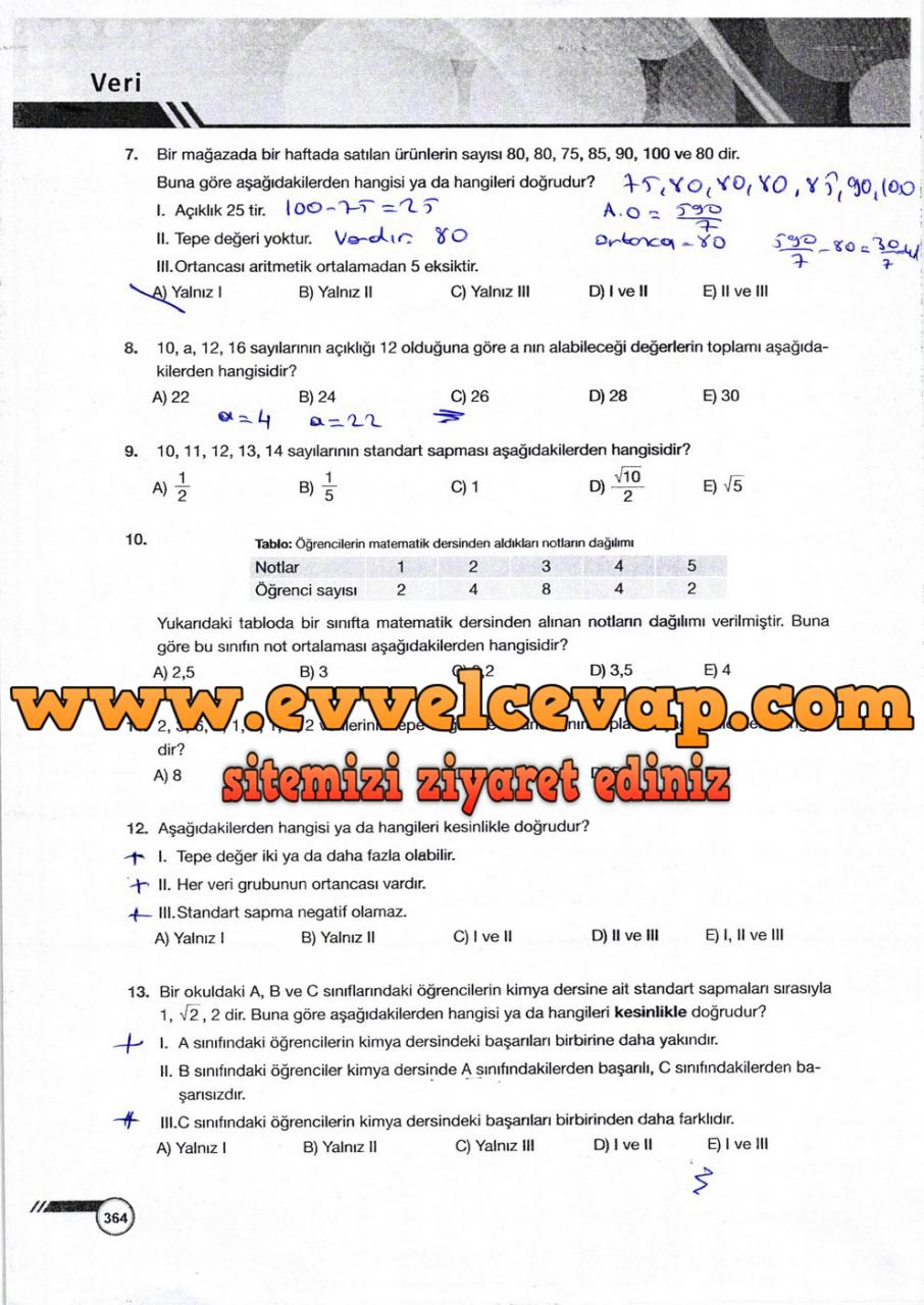 9. Sınıf Ödev Yayınları Matematik Ders Kitabı Sayfa 364 Cevabı