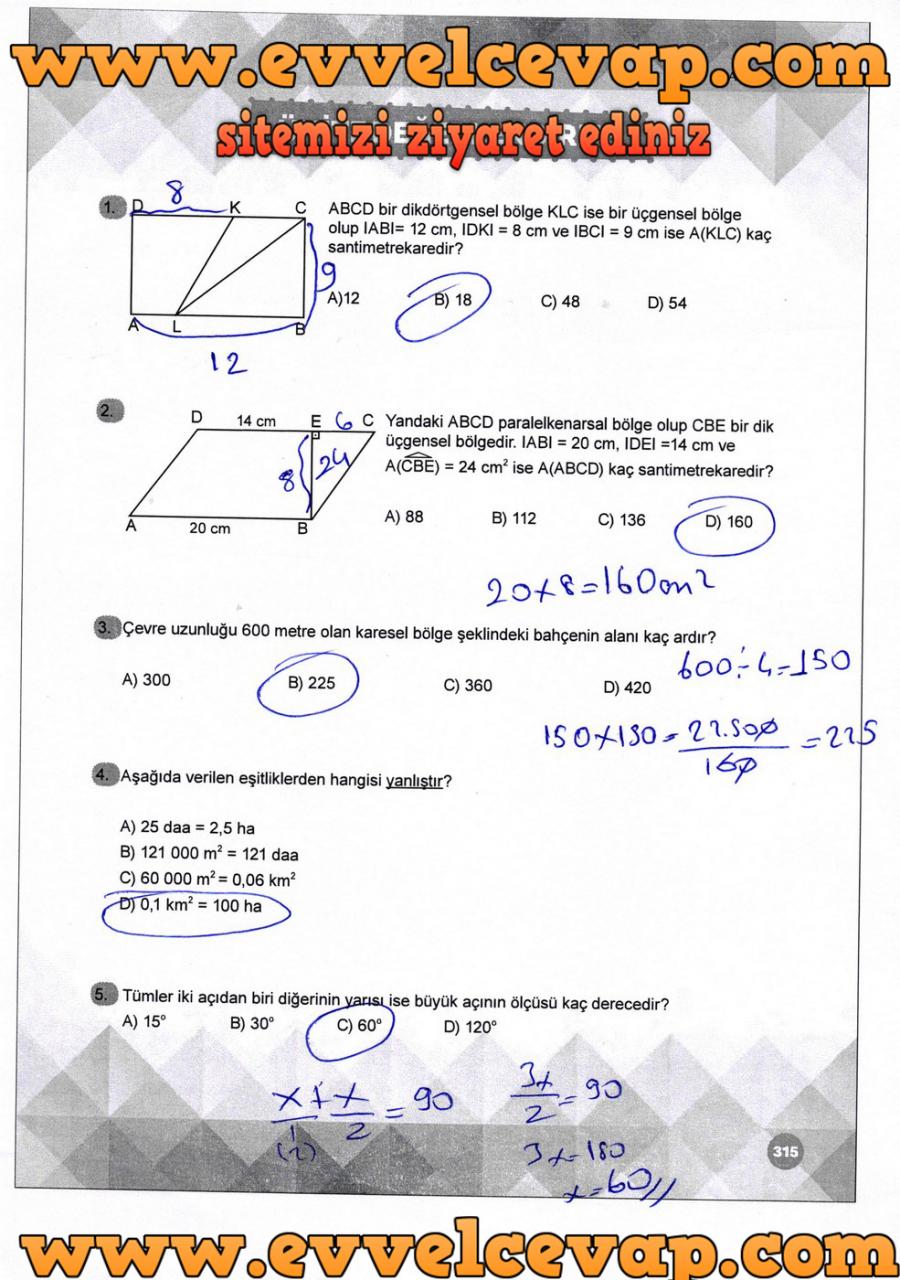 6. Sınıf Matematik Ders Kitabı Meb Yayınları Sayfa 315 Cevabı 2018-2019