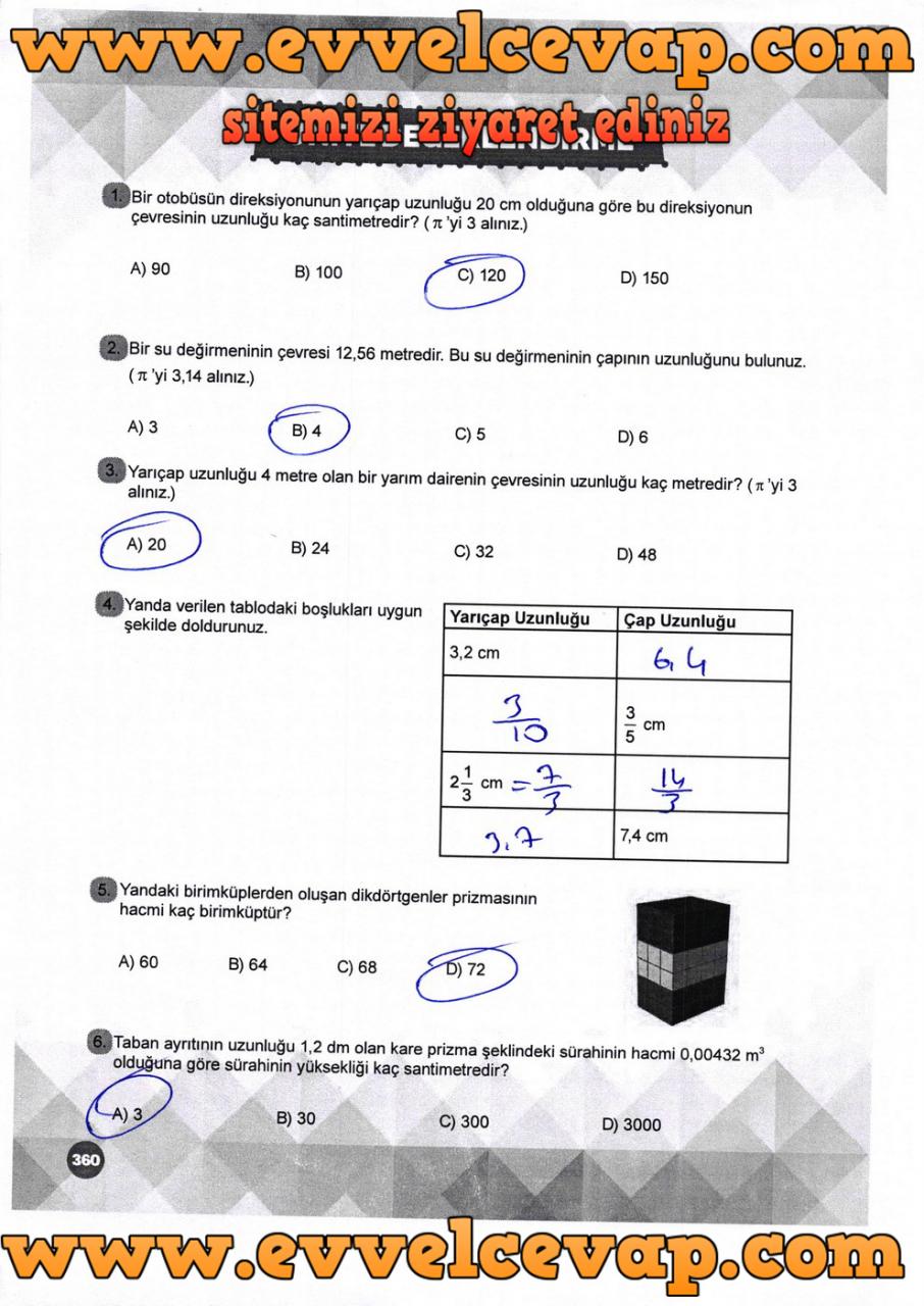 6. Sınıf Matematik Ders Kitabı Meb Yayınları Sayfa 360 Cevabı 2018-2019