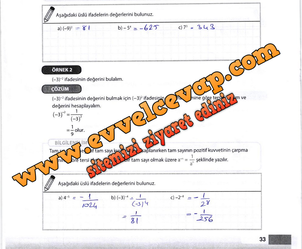 8. Sınıf Matematik MEB Yayınları Ders Kitabı Cevapları Sayfa 33 – Ders