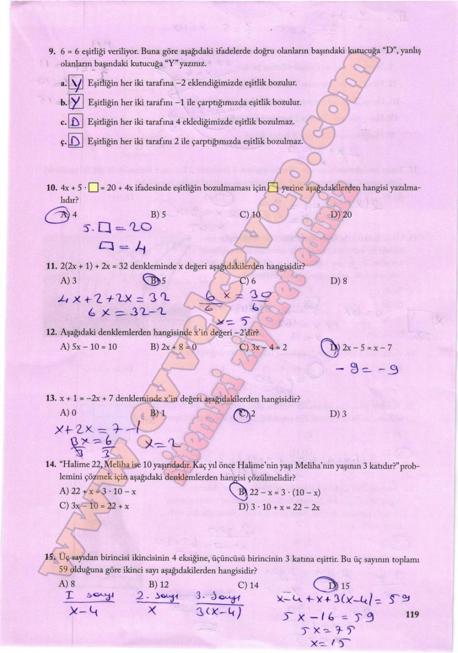 7. Sınıf Matematik Ekoyay Yayınları Ders Kitabı Sayfa 119 Cevapları