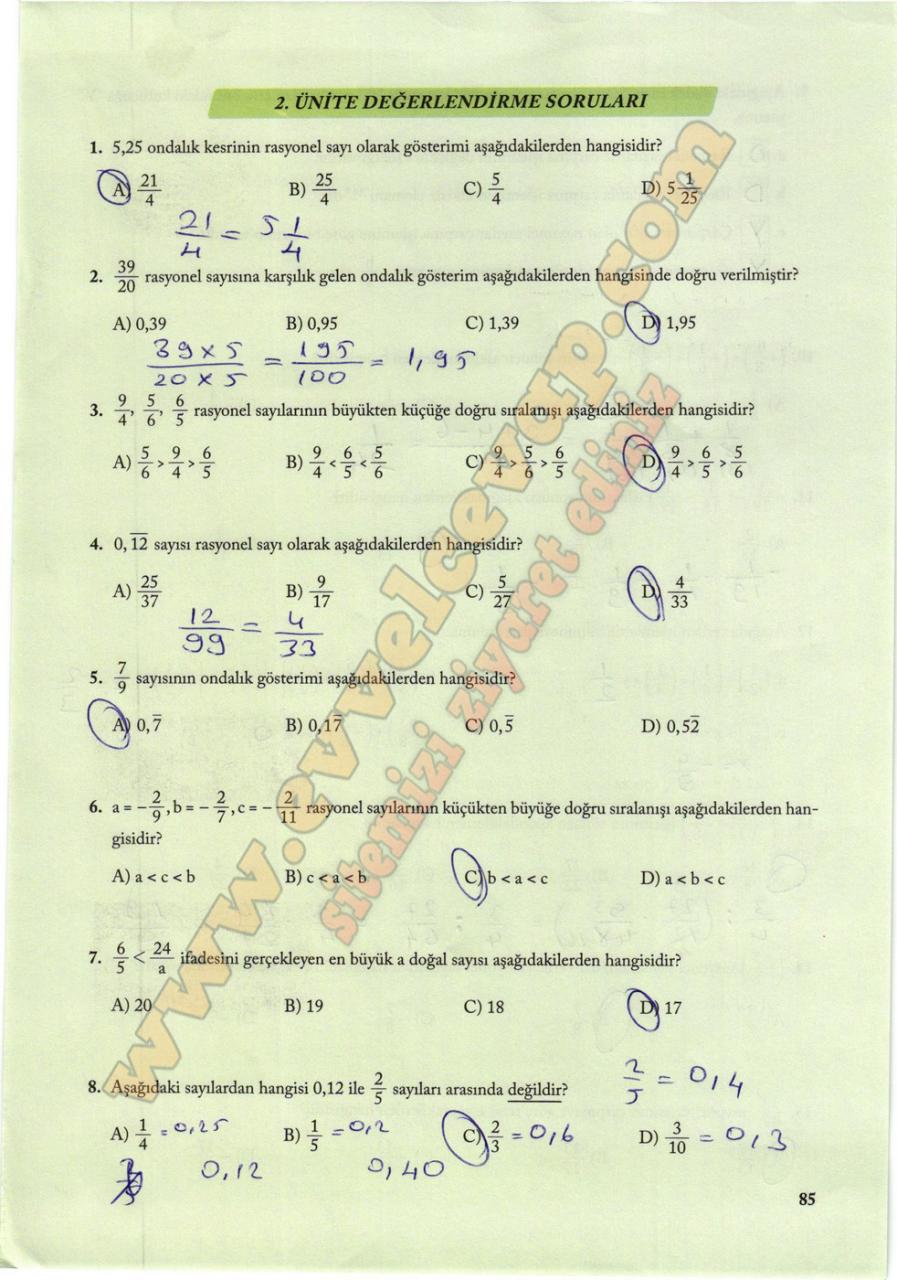 7. Sınıf Matematik Ekoyay Yayınları Ders Kitabı Sayfa 85 Cevapları