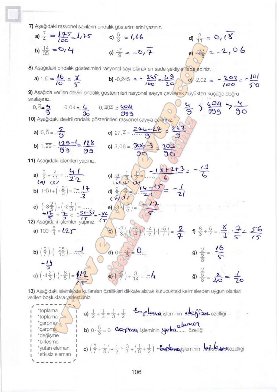 7. Sınıf Matematik Meb Yayınları Ders Kitabı Sayfa 106 Cevapları