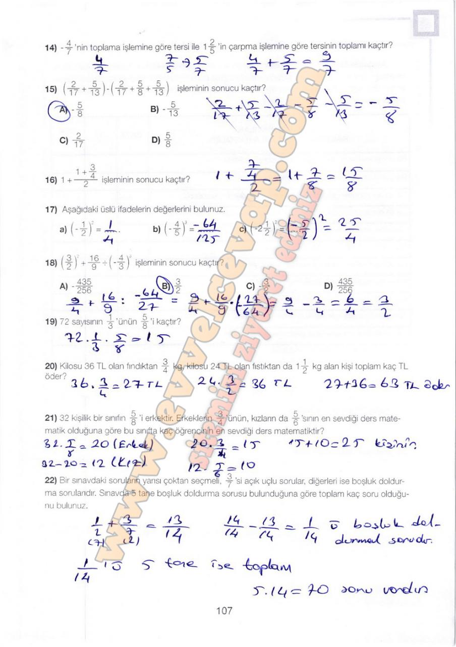 7. Sınıf Matematik MEB Yayınları Ders Kitabı Cevapları Sayfa 107 – Ders