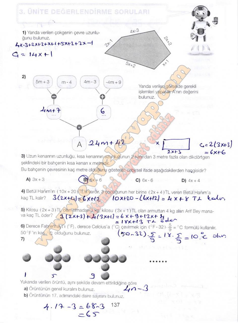 7. Sınıf Matematik Meb Yayınları Ders Kitabı Sayfa 137 Cevapları